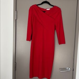Calvin Klein Pleated Draped Red Midi Dress Sz 8